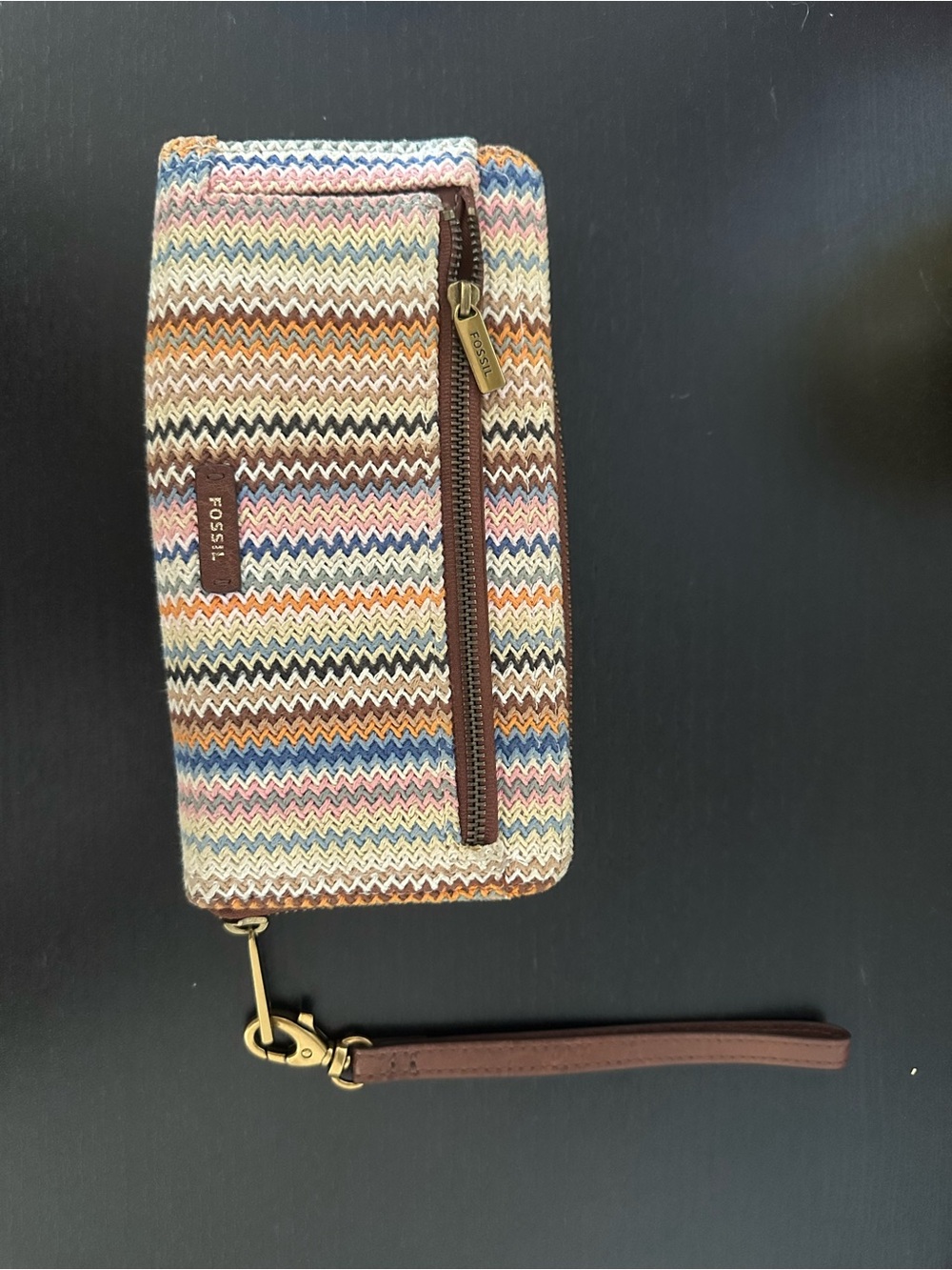 Fossil Multicolored Zigzag Knit Wristlet with Brown Leather Strap